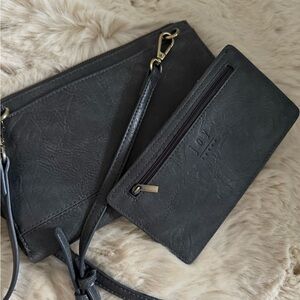 Joy Susan Wristlet Crossbody Clutch Bag  Removable Strap Dark Gray Vegan Leather